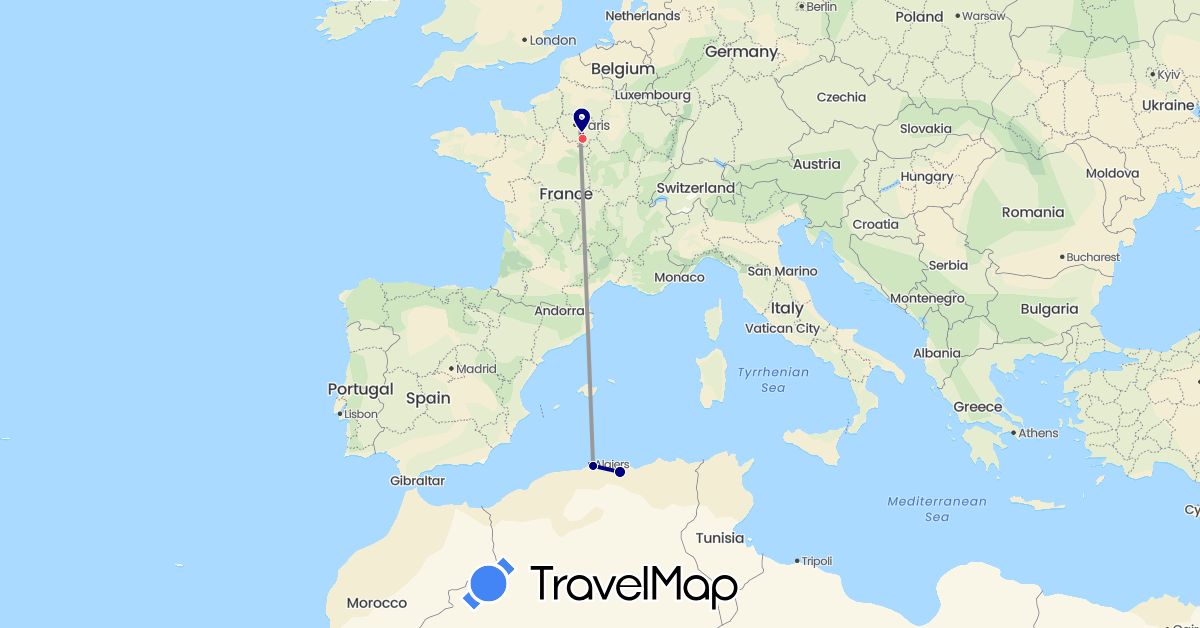 TravelMap itinerary: driving, bus, cycling, train, boat in Algeria, France, Guinea, Italy, Mali, Tunisia (Africa, Europe)